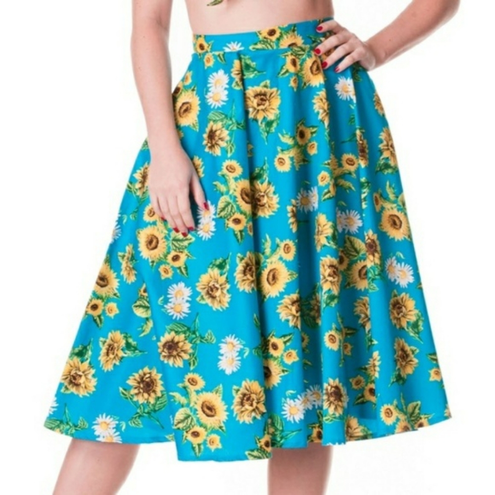 Hell Bunny Blue Sunflower Print Circle Skirt